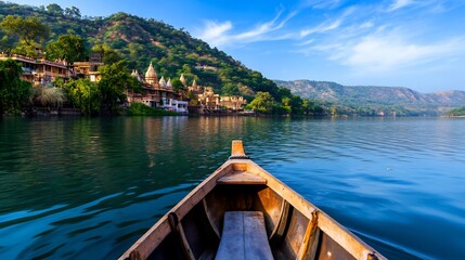 Obraz premium Serene Boat Ride on a Calm Lake, Majestic Temples and Lush Hills in the Background