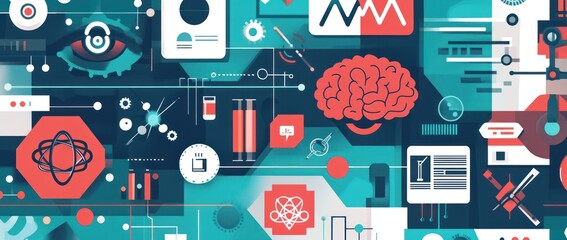 Complex science abstract design with eye, brain and atom on a blue background, ideal for education