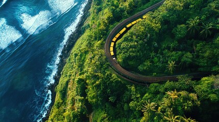 Aerial view of a mountain railway track, sharp curves and dramatic natural surroundings offering a bold composition