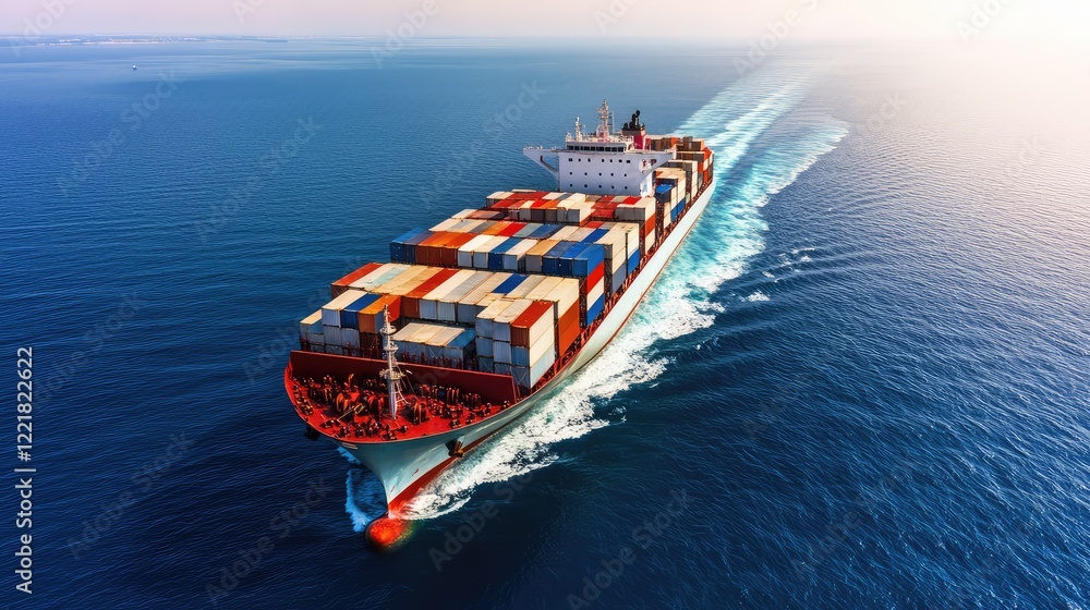 Poster aerial view of shipping lanes in a busy maritime route, clear lines of movement and open ocean offer