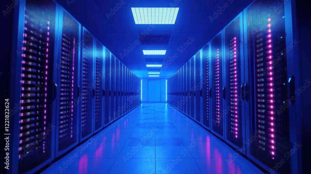 Poster illuminated server room corridor with rows of data storage racks.
