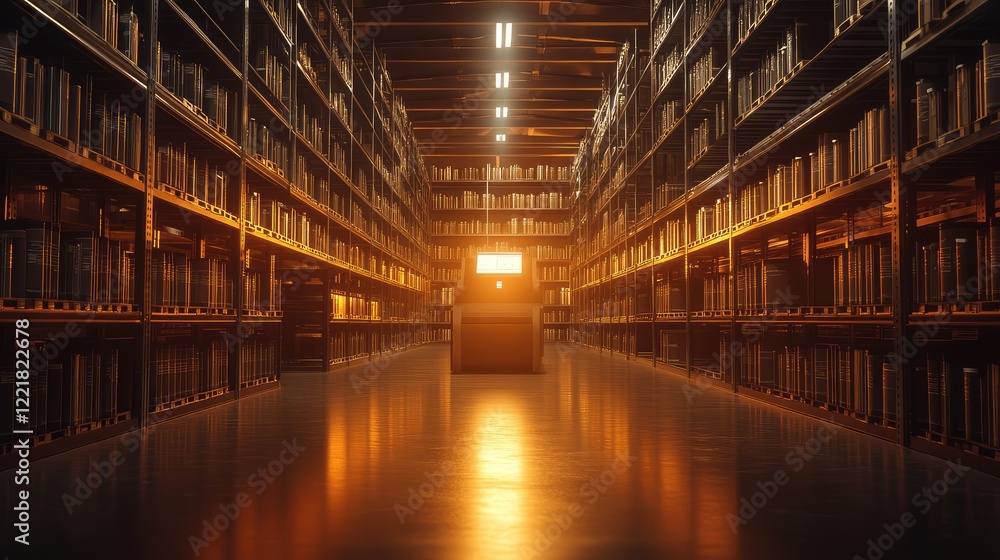 Poster an automated storage and retrieval system in a high-tech warehouse, rows of shelves extending into t