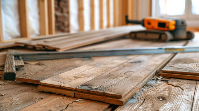 Wooden floorboards being replaced with eco friendly materials in renovation project