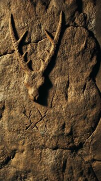 Ancient rock carvings depicting a deer and symbols found in a prehistoric cave in the mountains