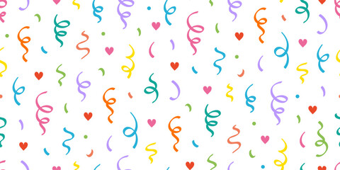 Cute heart confetti pattern background. Birthday decoration confetti, heart element cute seamless pattern. Childish color abstract decoration element background. Vector illustration.