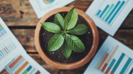 A close-up of a growing plant in a pot surrounded by business reports, symbolizing business nurturing and growth