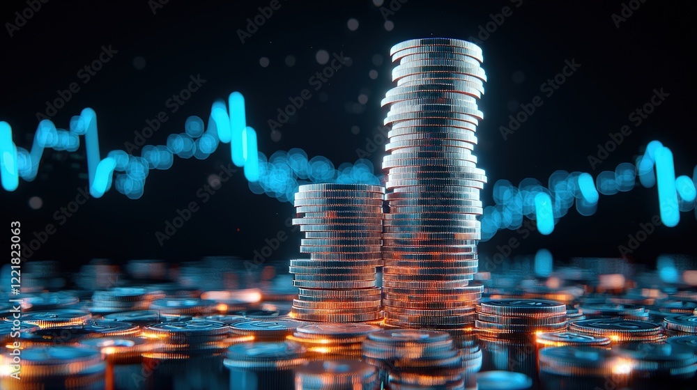 Poster stacked coins displayed with a glowing savings graph overlay