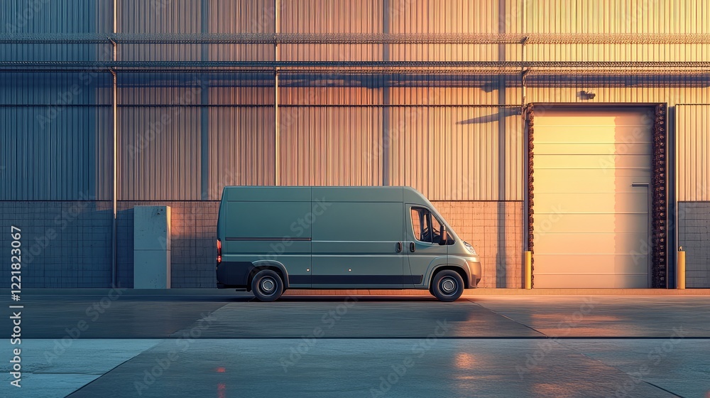 Poster a courier van parked next to a loading dock, empty space emphasizing the clean design of the vehicle