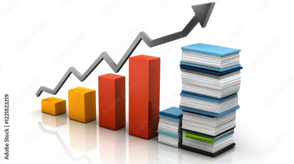 Poster a digital display showing a growing bar chart with a stack of business documents, symbolizing the ex