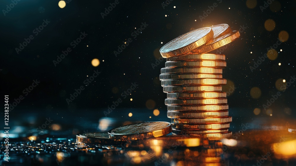 Poster stacked coins displayed with a glowing savings graph overlay