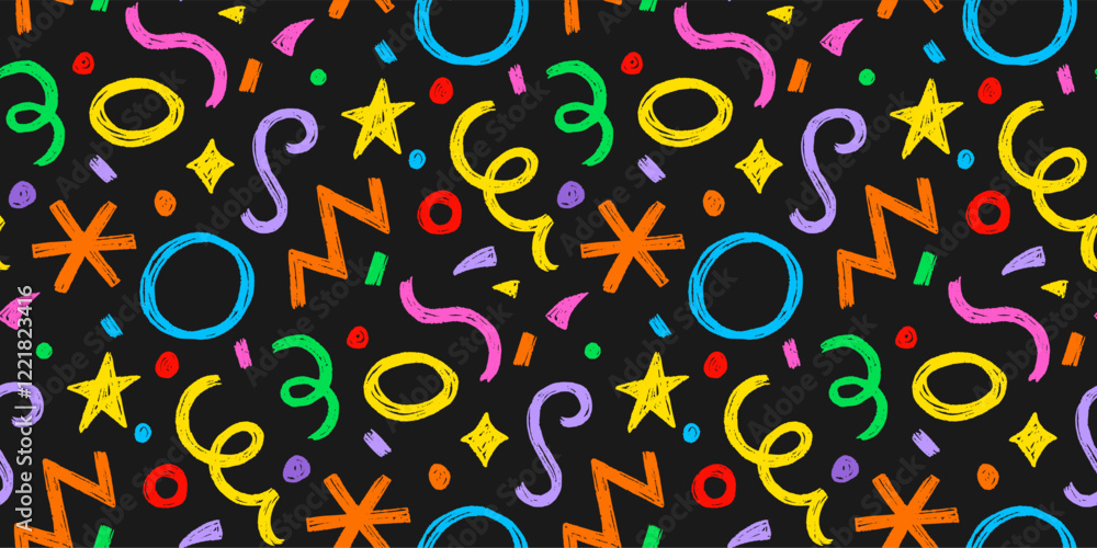 Poster Kid seamless pattern child fun shape squiggle confetti background. Hand drawn color crayon background fun child squiggle shape. Crayon color confetti abstract seamless pattern vector illustration