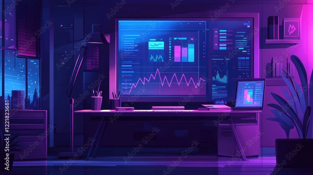 Poster a modern office setup with a clear desk and a digital screen showing a graph of increasing sales, sy