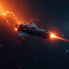 Fototapeta premium Spaceship with blazing orange lights illuminating the dark of space, light, starlight, spacecraft