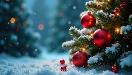 Sparkling Christmas tree with red balls amidst winter wonderland, decorations, snowflakes, evergreen