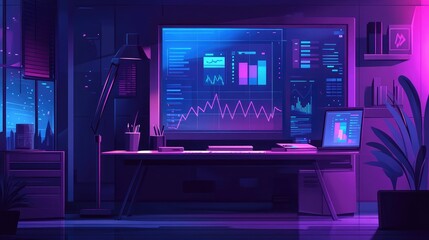 Obraz premium A modern office setup with a clear desk and a digital screen showing a graph of increasing sales, symbolizing business progress