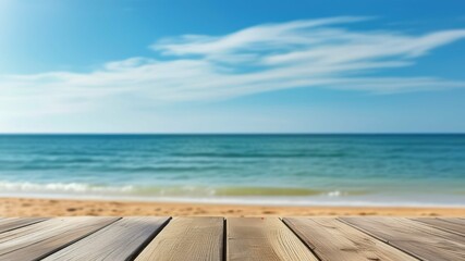 Naklejka premium Scenic beach view with wooden deck, calm ocean, and clear sky Perfect for summer relaxation or travel concepts
