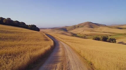 A rural dirt road bordered by golden wheat fields, a clear blue sky overhead, and soft natural light