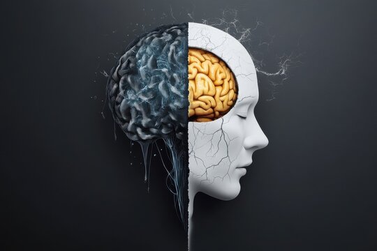 Conceptual Art of a Human Head Split into Two Halves, Showcasing a Brain and Abstract Elements
