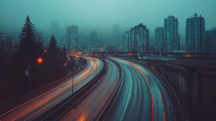 Fototapeta premium A wide freeway curving through a futuristic urban skyline, sleek architecture and dramatic lighting