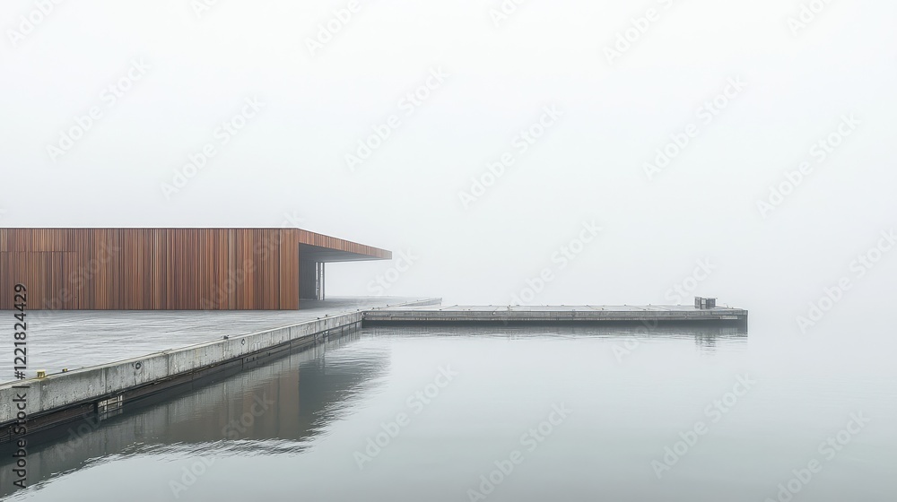 Aufkleber cargo ship docked at an industrial pier, muted tones and sharp geometric patterns creating a minimal