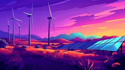 Vibrant sunset illuminates clean energy landscape wind turbines solar panels. AI Generated