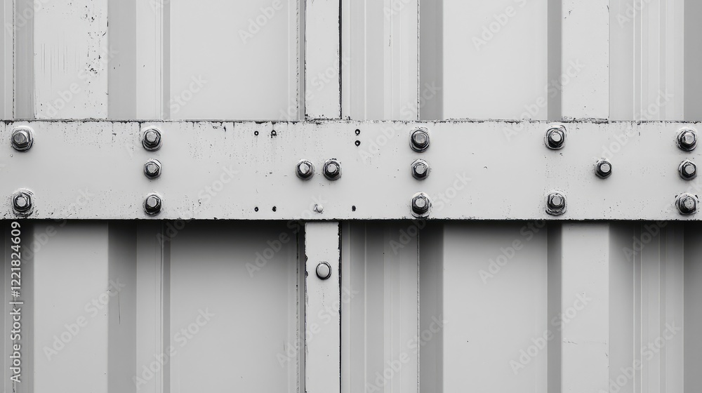 Poster close-up of a cargo container corner with visible rivets and locks, neutral background tones and cle