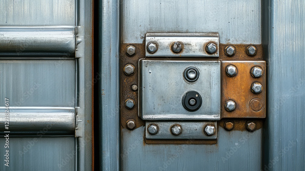 Aufkleber close-up of a cargo container corner with visible rivets and locks, neutral background tones and cle