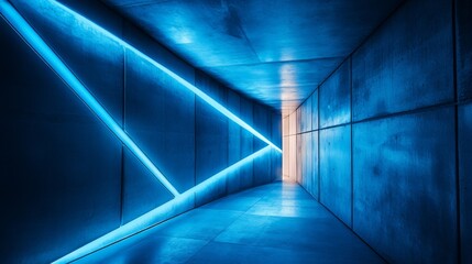 Obraz premium Blue Neon Lights Illuminate Modern Concrete Corridor