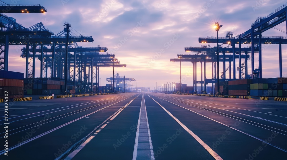 Poster empty dockyard at sunrise with bright industrial lights illuminating a grid of stacked containers an