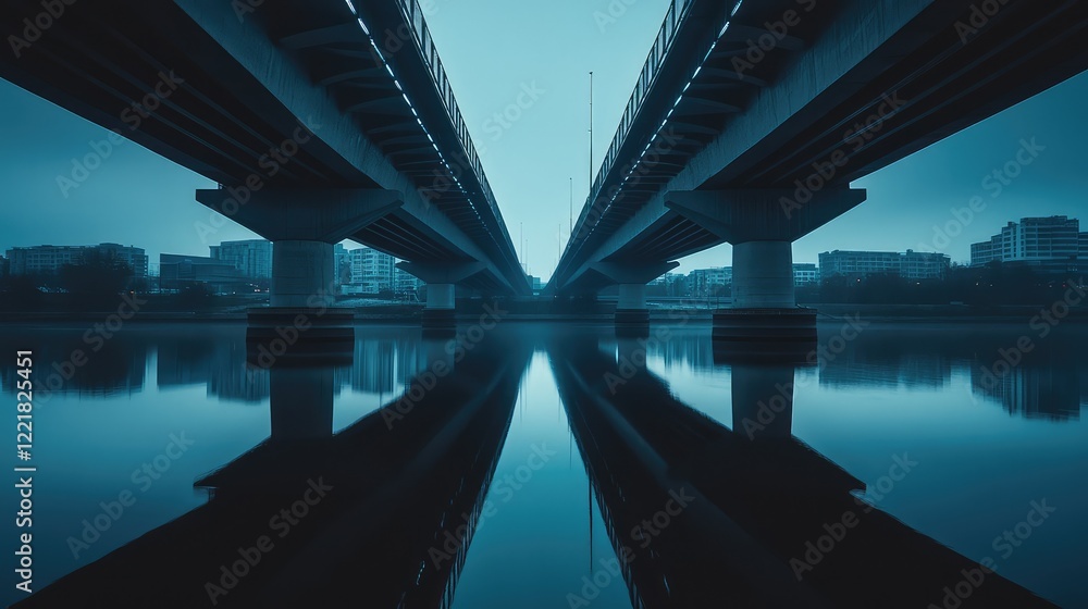 Poster empty highway bridge over a wide river, clean lines and modern architecture with reflections on the 