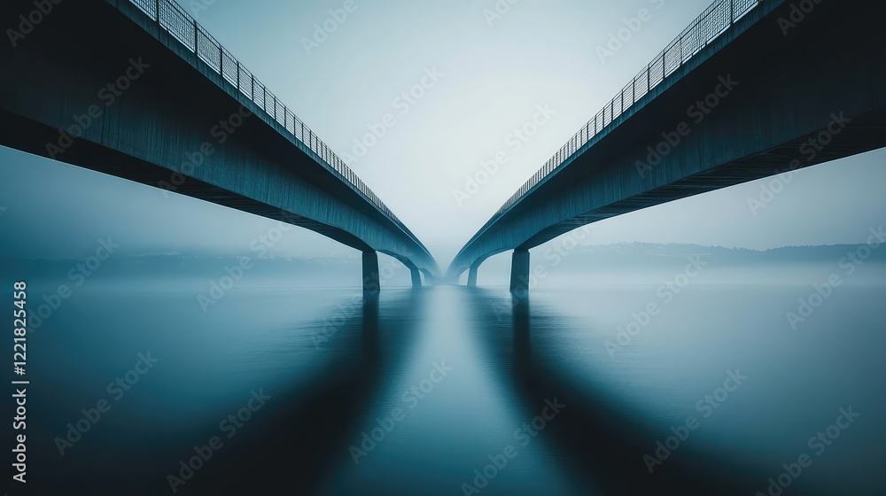 Poster empty highway bridge over a wide river, clean lines and modern architecture with reflections on the 