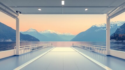 Fototapeta premium Empty ferry dock with calm sea water, minimalist design, and pastel-toned sky creating a tranquil scene
