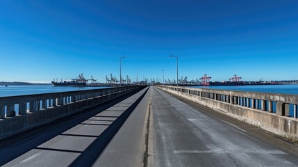 Empty highway bridge leading to a busy shipping port, industrial cranes visible in the distance, clear blue sky, and negative space