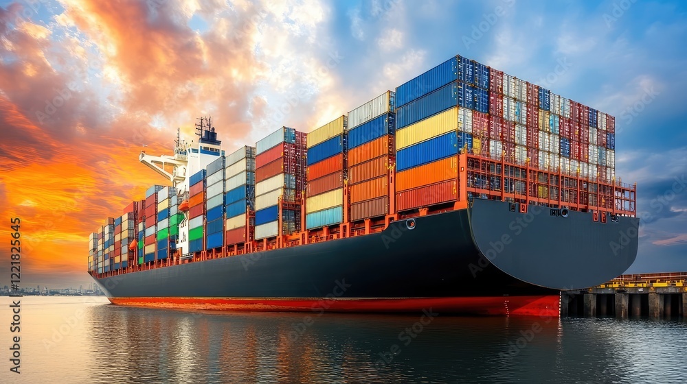 Poster freight ship docked at a pier with neatly stacked containers, dramatic lighting creating depth and s