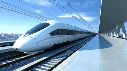 High-speed rail track through an open countryside, minimalist design and wide sky offering ample copy space
