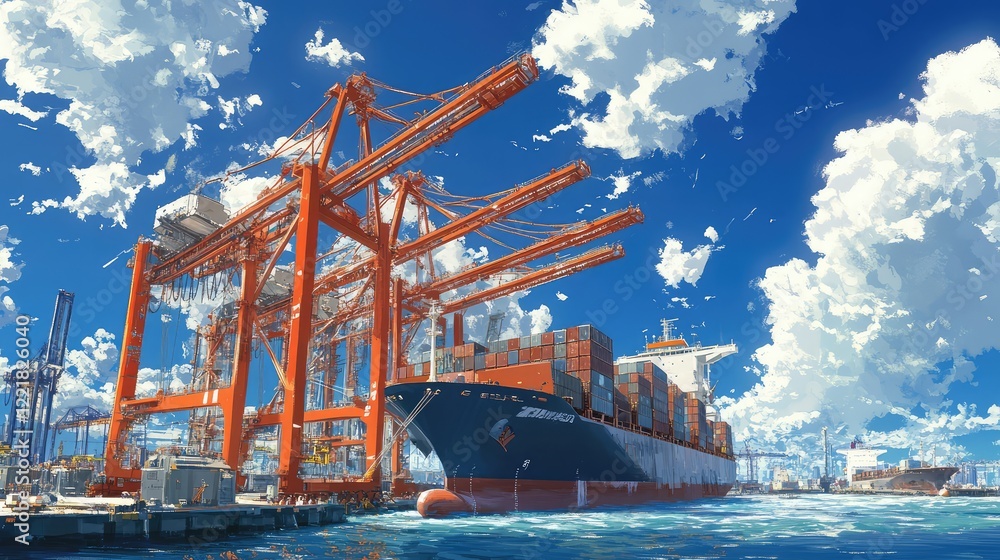 Poster industrial shipyard with cranes loading a massive container vessel, clean design elements and open s