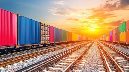 Fototapeta premium Industrial rail yard with freight cars parked on tracks, organized rows of containers in muted tones and a wide sky above