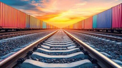 Fototapeta premium Industrial rail yard with freight cars parked on tracks, organized rows of containers in muted tones and a wide sky above