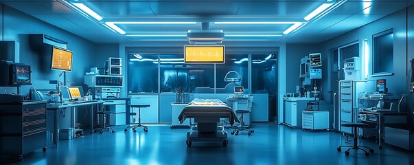 A sterile surgical room equipped for complex medical procedures showcasing advanced technology in action.