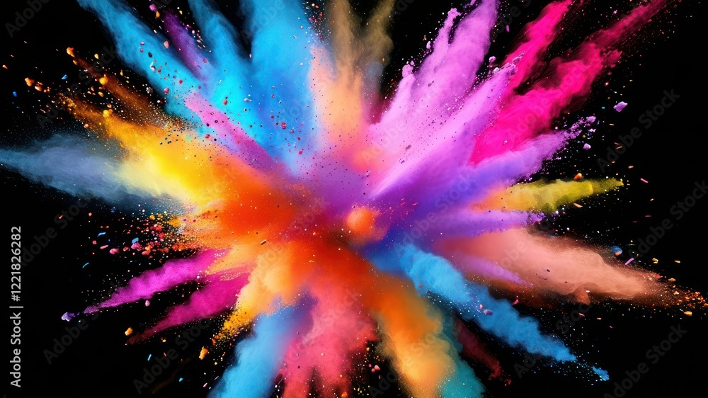 Poster vibrant explosion of colorful powder creating dynamic visual perfect for celebrations and artistic p