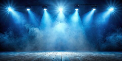 Empty Misty Blue Dark Stage Background with Fog and Blue Spotlights for Artistic Showcase and Product Display