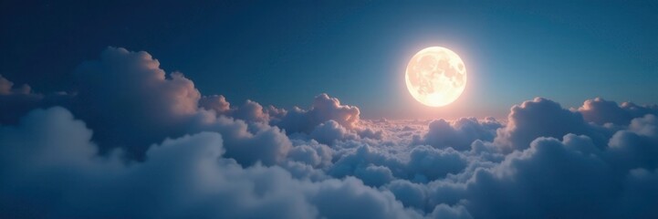 The moon's glow casts a silver light on the cloudy landscape, soft, airy