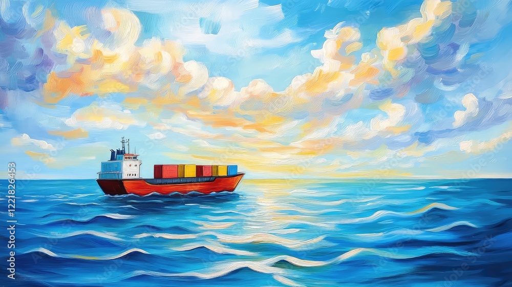 Poster maritime scene with a freighter on a calm ocean, rippling waves and expansive sky creating negative 