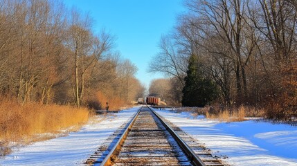 Long train track leading through a snow-covered landscape, crisp textures and clear blue sky creating contrast