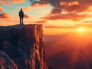 Obraz premium A lone figure stands on a cliff gazing at a breathtaking sunset over valleys and mountains.
