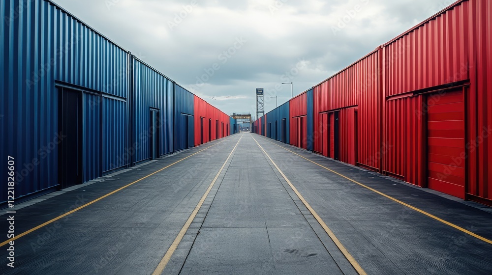 Poster minimalist loading dock with neat rows of shipping containers, clean industrial aesthetic, and wide-