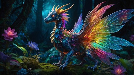 Fototapeta premium Rainbow Dragon in Enchanting Forest: A dazzling rainbow dragon, with iridescent scales and wings, perches gracefully on a mossy log in a mystical forest, surrounded by blooming purple flowers.