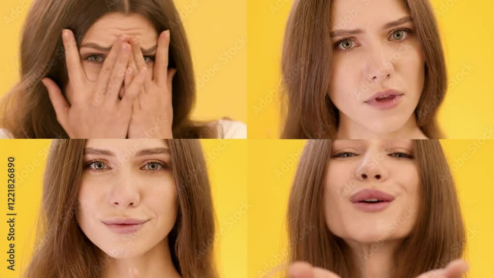 Poster a collection of multiethnic individuals is expressing a range of emotions against a vibrant yellow b