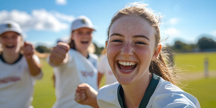 Smiling female cricket players celebrating on the field, Team spirit and victory in a sunny sports event  
