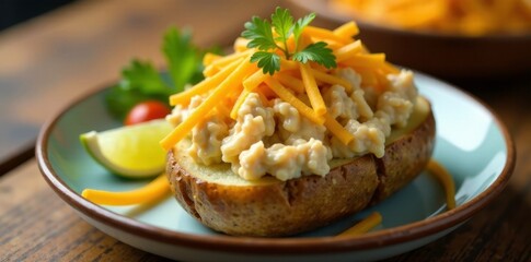 Tuna and cheese mixture spread evenly over the surface of a baked potato, comforting meal, even layer, filling